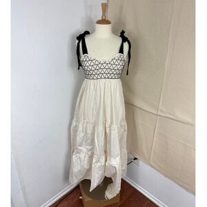 Trixxi Womens Cream Smocked Tiered Midi Dress Black Tie Straps Size M